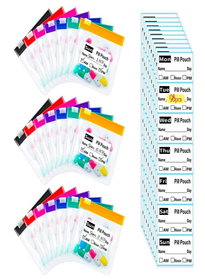 NCGDPZY Reusable Travel Pill Organizer with 98 Labels - Leakproof Silicone Seal & Transparent Zippered Bags, Compact 3x3 Inch Medication Travel Case for Daily Pills, EVA Material, 7 Colors (21 PCS) - Image 1